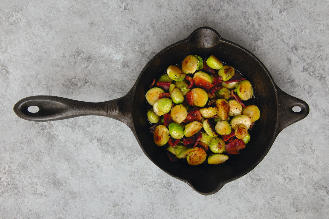 Maple glazed Brussel sprouts with bacon, as featured in America the Cookbook