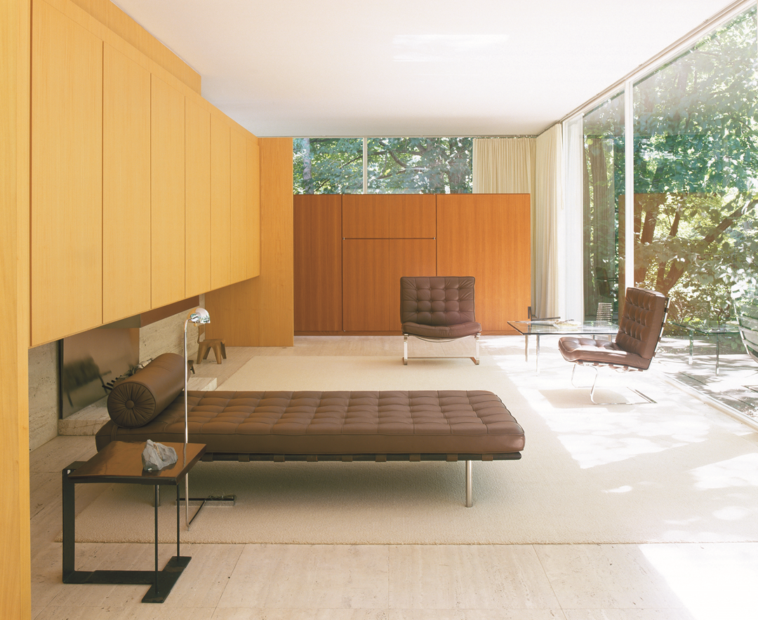 Mies van der Rohe, Farnsworth House, Plano, Illinois, 1945–51; view from porch looking into living area, from Interiors and Mies. © Alan Weintraub /Arcaid / Corbis 