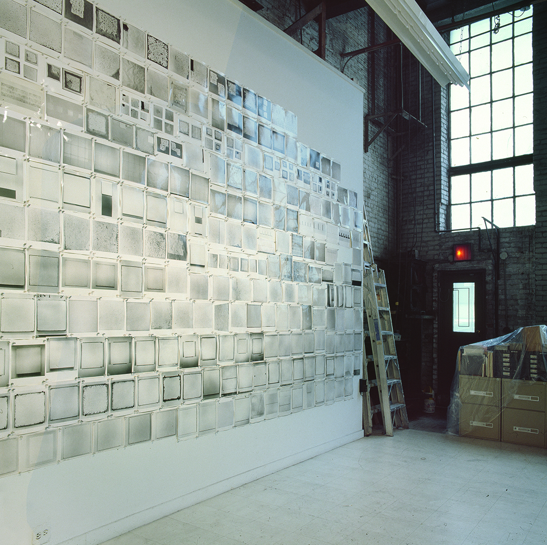 A wall of photographs in Robert Ryman's studio, New York. Photograph by Bill Jacobson