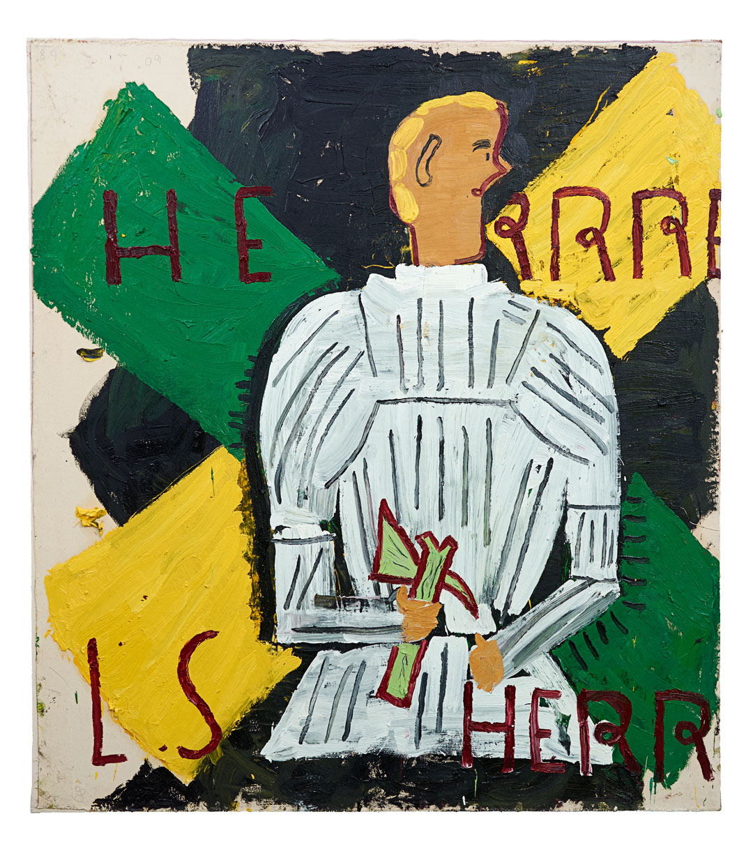 Herr Rehlinger in White Armour (2014) by Rose Wylie. As reproduced in Vitamin P3