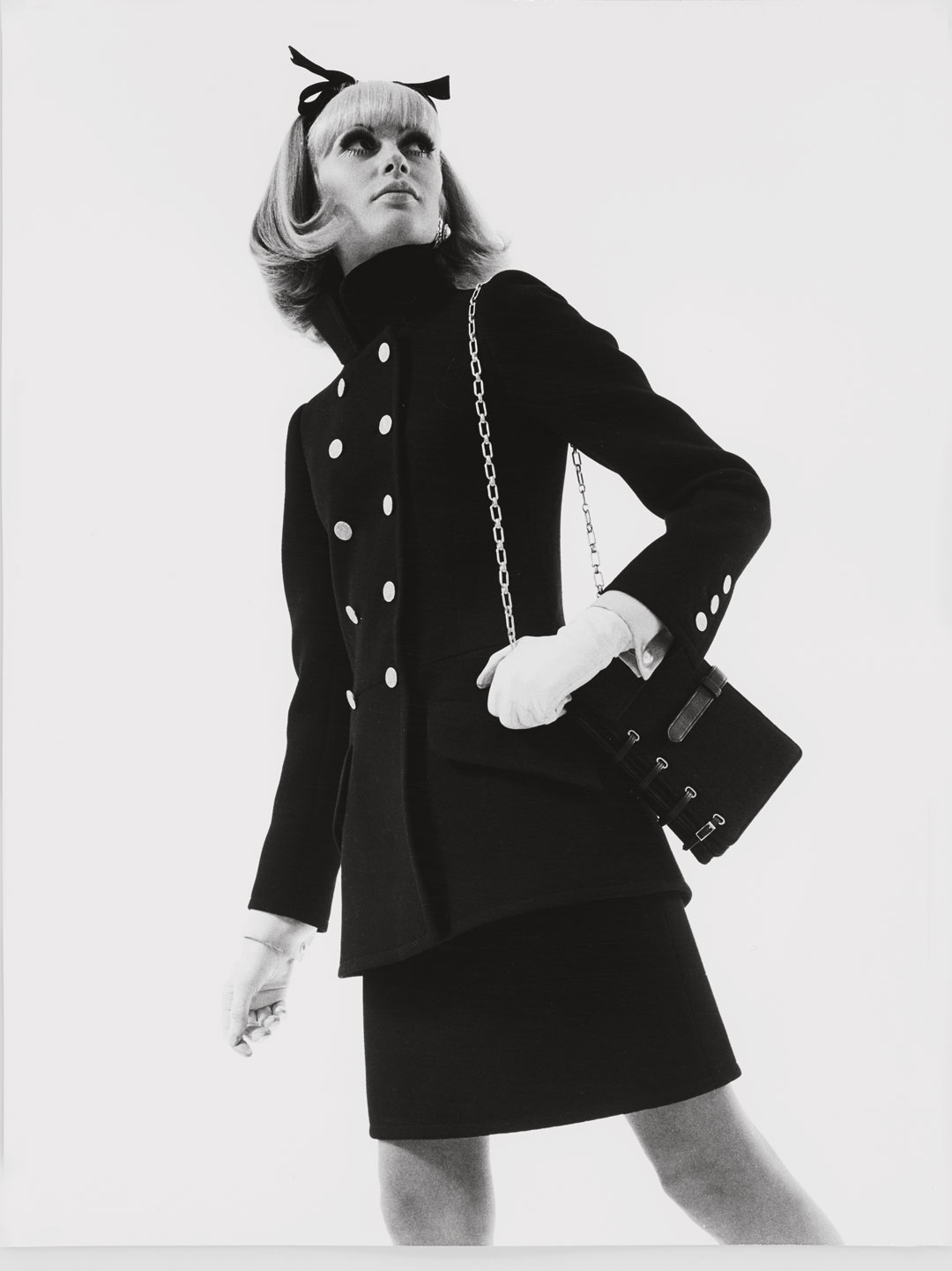 Suede ‘book-bag’, worn with a cocktail suit, Autumn/Winter 1967 haute couture collection. Photograph Peter Caine