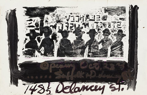 Bob Thompson, Announcement for opening at Delancey Street Museum, New York, 1959. Ink on paper, 22 x 34 in. Estate of Bob Thompson © Estate of Bob Thompson; Courtesy Michael Rosenfeld Gallery LLC, New York, NY. Courtesy of the Grey Art Gallery