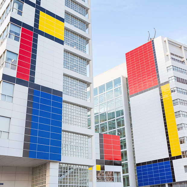 The Hague's City Hall with its new De Stijl treatment, as overseen by Studio Vollaerszwart. Image courtesy of denhaag.com