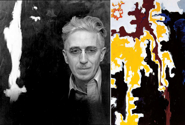 Portrait photograph of Clyfford Still (left) and his work PH-455 (1949), Gouache on paper, 30 x 22 in (right)