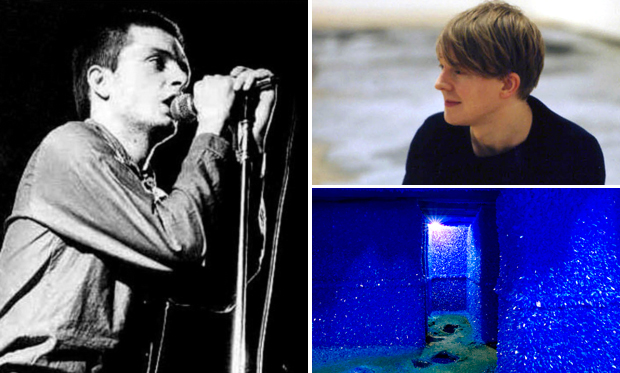 Artist Roger Hiorns (top right), his 2008 sculpture 'Seizure' and Ian Curtis of Joy Division (left), one of the artists who have inspired him