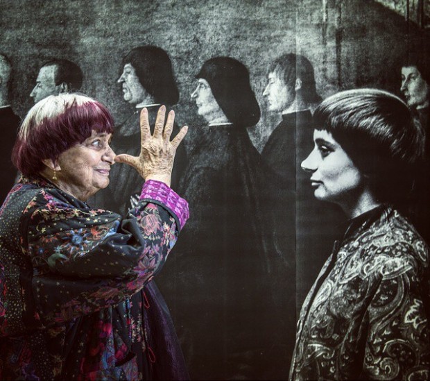 Varda with her 1962 portrait, in JR's studio. Image courtesy of JR's Instagram