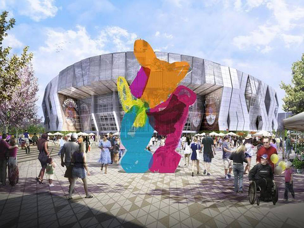 A rendering of the Sacramento Kings stadium, with Koons' Coloring Book sculpture in the foreground