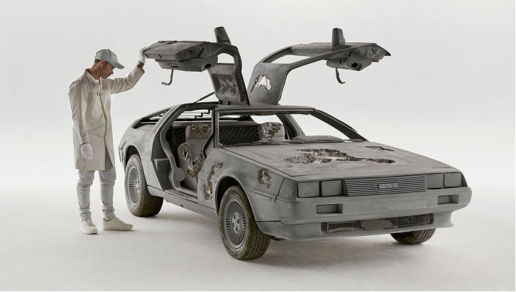 Eroded Delorean, 2018. Stainless steel, glass reinforced plastic, quartz crystal, pyrite, paint, 114 x 421.6 x 185.7 cm | 44 7/8 x 166 x 73 1/8 in. Photo by Guillaume Ziccarelli. Courtesy of the artist & Perrotin.