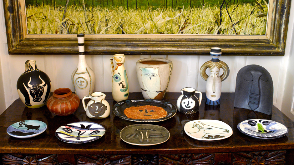 A selection of vases, plates and jugs in situ at Old Friars, Richard Attenborough's home, showing the breadth of Picasso's ceramic designs and the diversity of the Attenborough’s collection. Image courtesy of Sotheby's