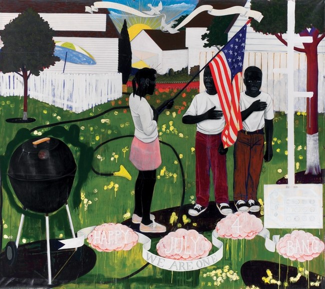 Bang (1994) by Kerry James Marshall. Courtesy the Artist and the Progressive Corporation. As featured in Kerry James Marshall: Mastry, organised by The Museum of Contemporary Art, Los Angeles, the Museum of Contemporary Art Chicago, and The Metropolitan Museum of Art, New York. 