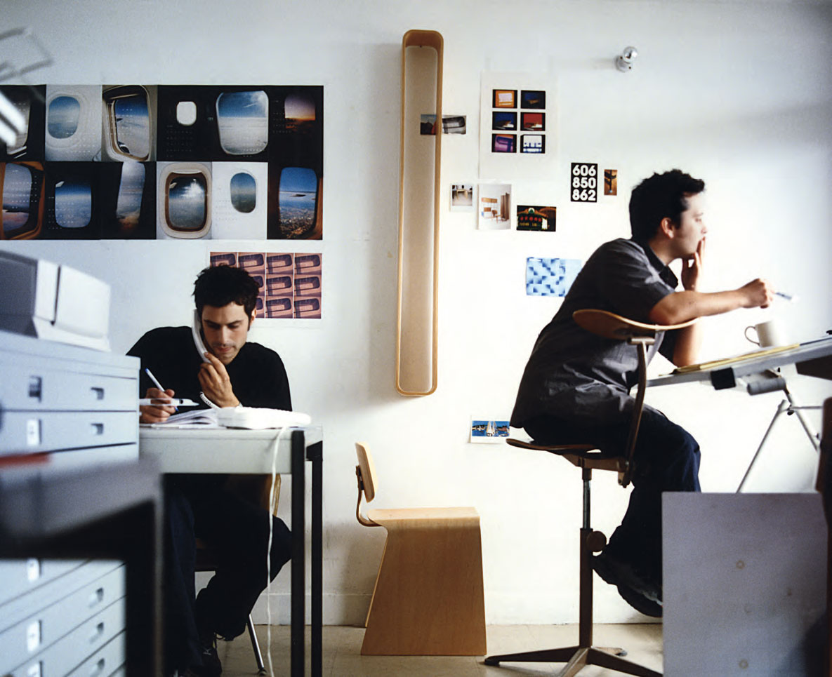 Edward Barber and Jay Osgerby in the studio with early plywood prototypes from Isokon, Flat 167, Trellick Tower, London, 1998