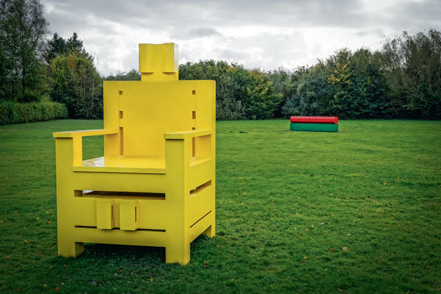 Big Yellow Mama (2013) by Sterling Ruby, installed, alongside Stop Block (background, 2013) at Museum Dhondt-Dhaenens, Ghent, Belgium, 2014. As reproduced in our new Sterling Ruby book