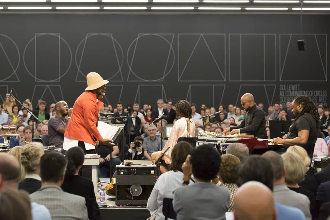 Theaster Gates and The Black Monks of Mississippi performing at the Kunstmuseum Basel. Image courtesy of the Kunstmuseum Basel's Instagram