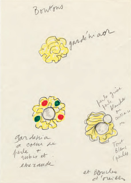 Original sketch for gold buttons ornamented with pearls and red and green diamanté, Autumn/Winter 1988 haute couture collection.
