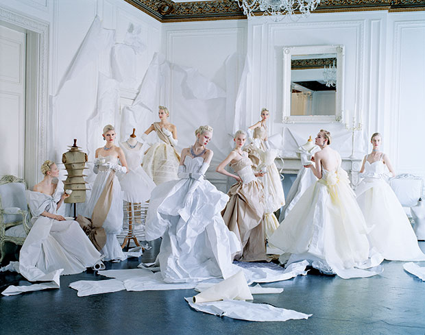 Maja Salamon, Ola Rudnicka, Codie Young, Esmerelda Seay-Reynolds, Nastya Sten, Sasha Luss, Alexandra Kivimäki, and Alice Cornish in paper dresses and jewelry created by Rhea Thierstein. Hair, Julien d’Ys; makeup, Lucia Pieroni; production design, Rhea Thierstein; London, May 2014. From Grace: The American Vogue Years and Saving Grace: My Fashion Archive 1968-2016