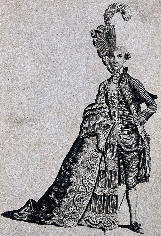 An engraving of Charles d’Éon, c.1762–3, showing him dressed as both a fashionable man and woman. From Going Once