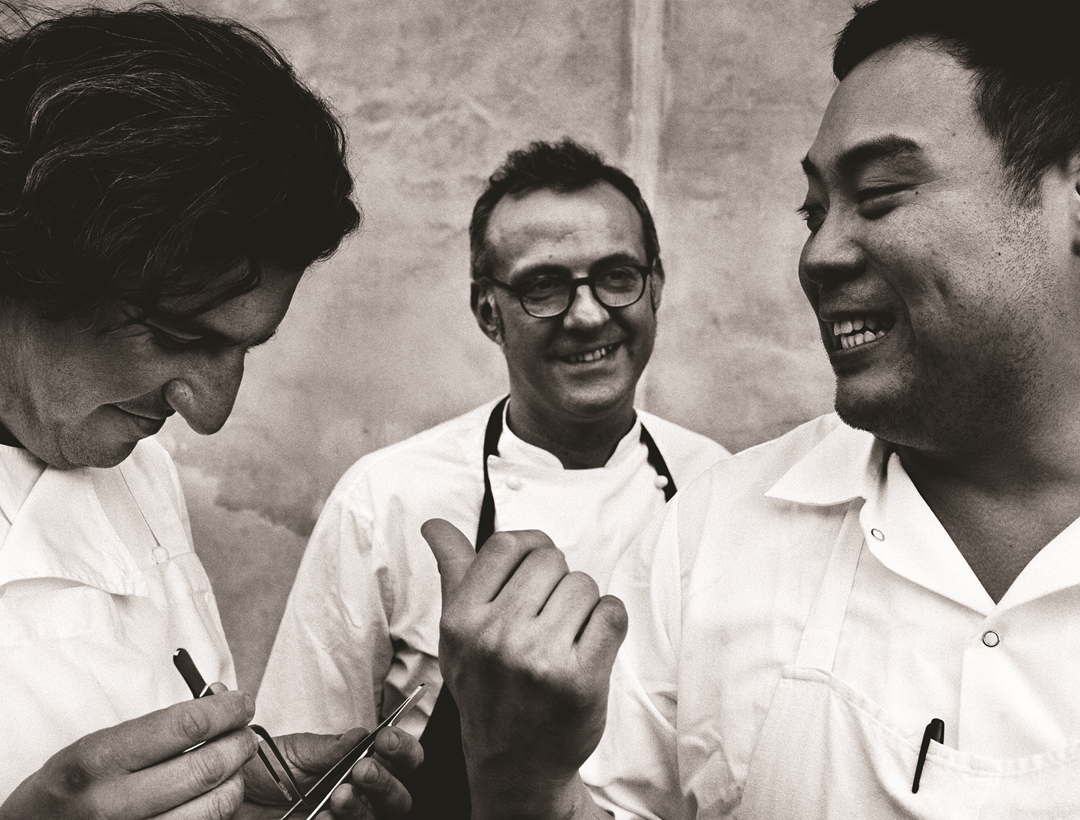 David Chang (right) with Massimo Bottura (centre) and Claude Bosi (left) in 2012 from Cook It Raw. Photograph by Per-Anders Jorgensen