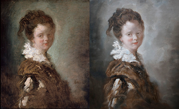 From right: the original Portrait of a Young Woman (c. 1769) by Jean-Honoré Fragonard, and the replica Fishbone commissioned for his exhibition