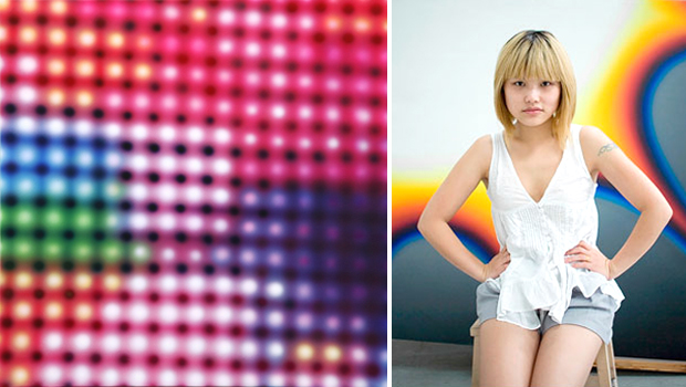 Li Shurui's acrylic painting 'Lights No.112' (left) and the artist in her Beijing studio (right)
