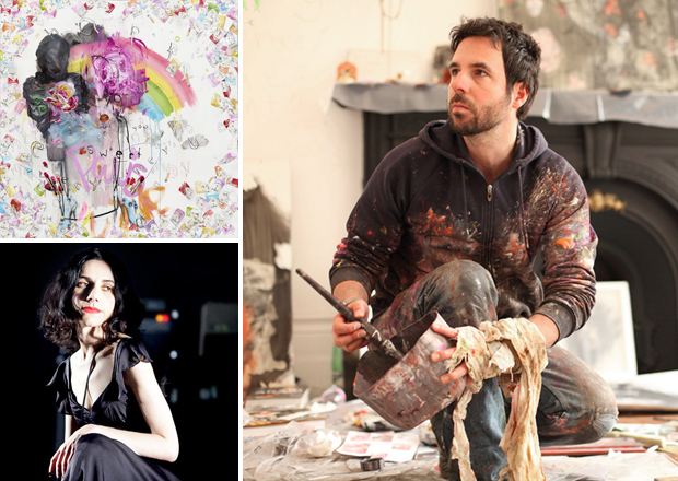 Antony Micallef (right) and his work Sweet Paris (2011) (top left) and singer Polly Harvey (bottom left)