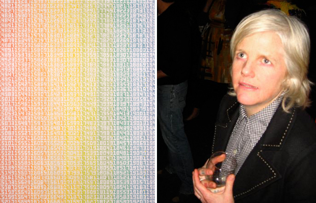 Portrait of the artist Xylor Jane (right) and her work '13,831' (2007), Oil on panel, 31 x 37 in (left)