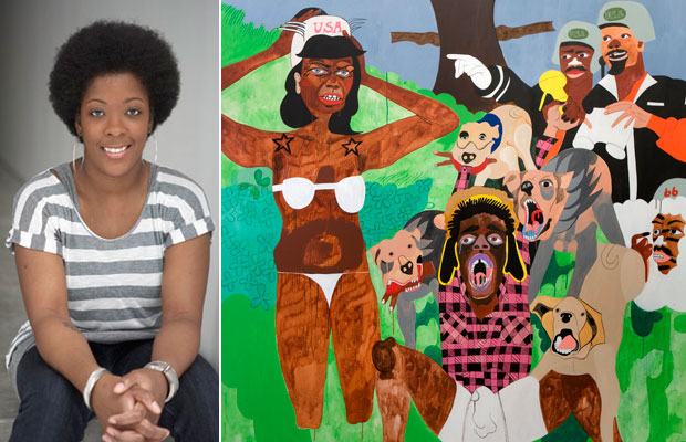 Portrait of the artist Nina Chanel Abney (left) and her work Randaleeza (2008), Acrylic on canvas, 228.5 x 233.5 cm (right)
