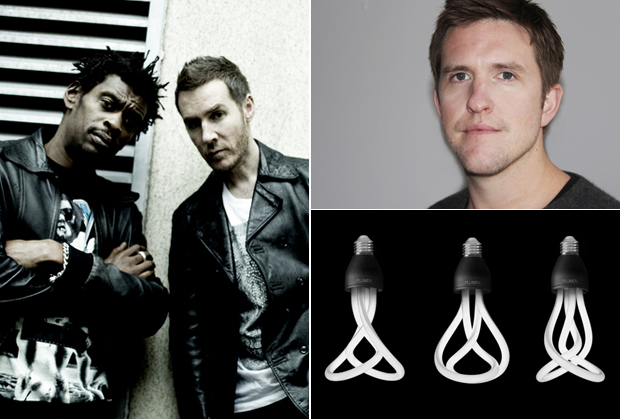 Massive Attack (left), the designer Samuel Wilkinson (right) and his energy efficient light bulb 'Plumen 001' which won him the Design of Year Award 2011