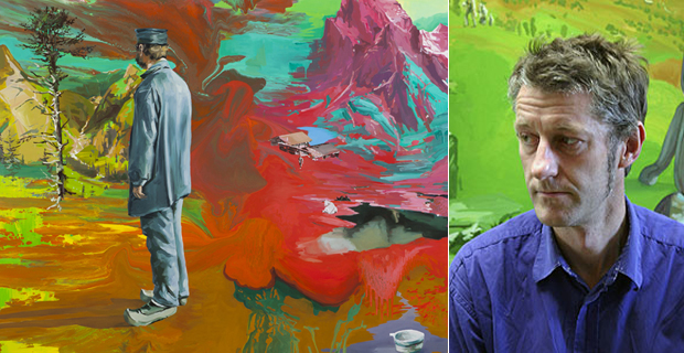 Portrait of the artist Stephen Bush (right) and his work Kapock (2010), Oil and enamel on linen, 200 x 310cm (left)