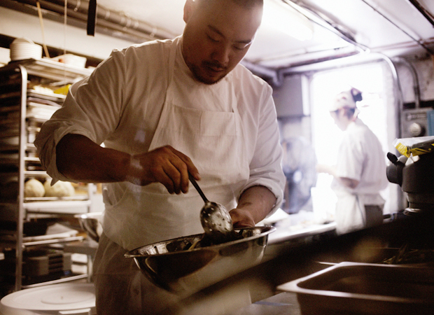 David Chang in the kitchen of Momofuku, New York