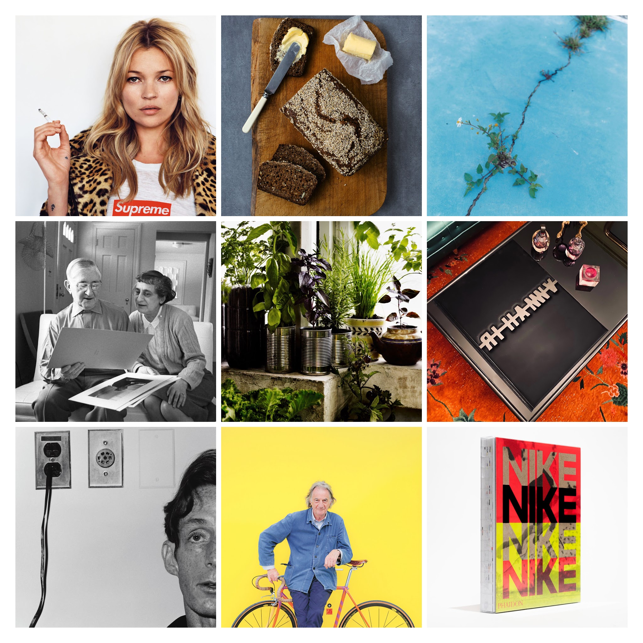 From top right, reading left to right: Kate Moss in Supreme; soda bread in The Irish Cookbook; Rinko Kawauchi, Untitled, from the eyes, the ears, 2005, in Flower; Anni and Josef Albers from Anni & Josef Albers; a container garden from Grow Fruit & Vegetables in Pots; Rihanna: Queen Size; John McKendry, 1975 by Robert Mapplethorpe, from Robert Mapplethorpe; Paul Smith from Paul Smith; Nike: Better is Temporary