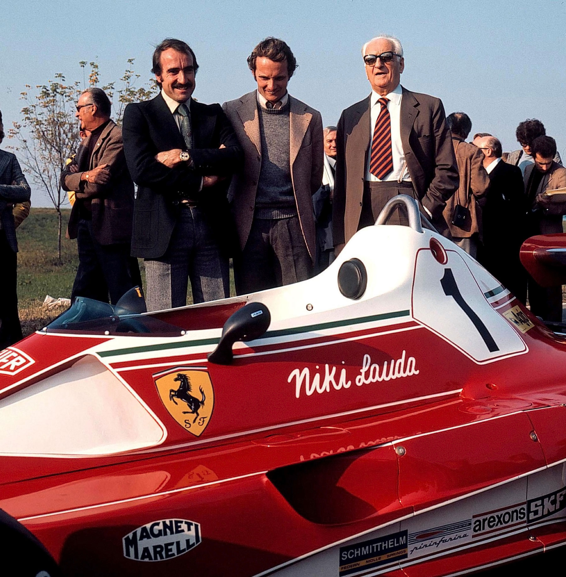 Clay Regazzoni (left) and Niki Lauda (centre) were teammates at Ferrari in the 1970s. With them is a very relaxed Enzo Ferrari at the launch of the 312T, Maranello, 1976. As reproduced in Ferrari: Under the Skin