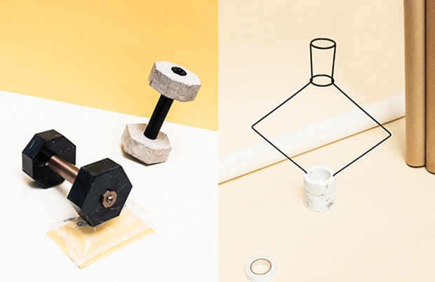 Works from Fabrica's Extra-Ordinary Gallery. From left: Hercule, a luxury dumbell-cum-paper weight by Charlotte Juillard; Chloris, A geometric wireframe sculpture, which functions as a flower vase, by Ryu Yamamoto 