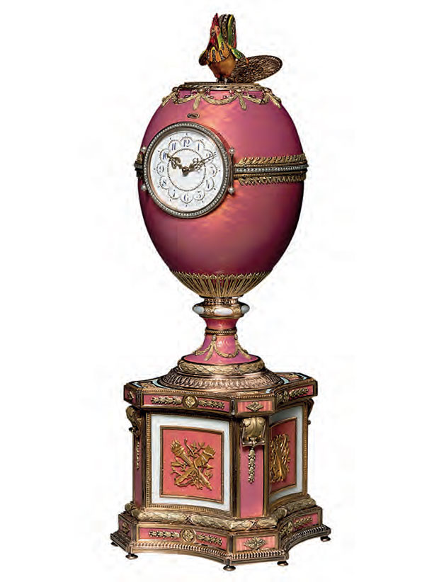 Carl Fabergé (1846–1920), Rothschild Fabergé Egg, 1902, jewelled vari-coloured gold-mounted and enamelled egg on plinth, incorporating a clock and an automaton, 27 cm (101/2 in) tall SALE 28 November 2007, London ESTIMATE £6m–9m/$12.4m–18.6m SOLD £8,980,500/$18,573,940