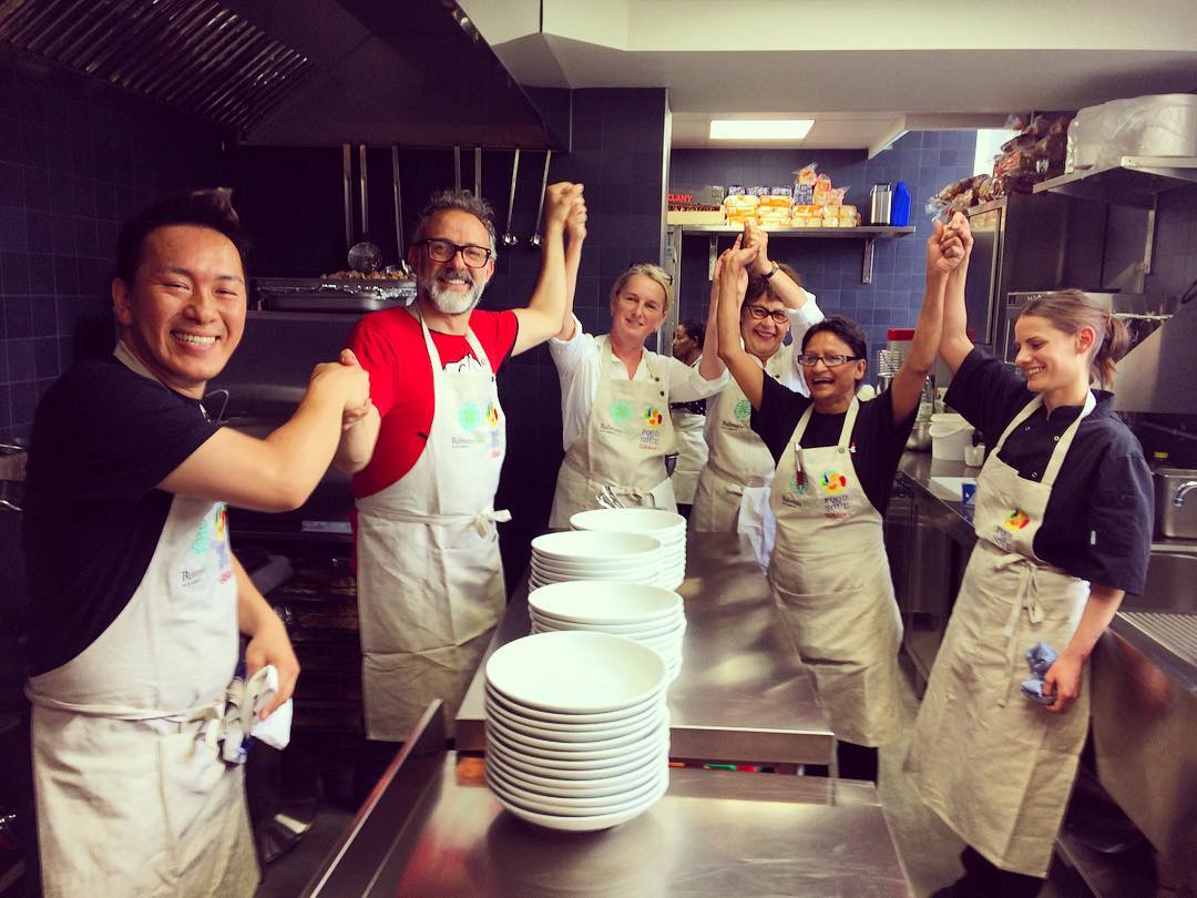 Massimo Bottura and his London volunteers at Refettorio Felix. Image courtesy of Food is Soul's Instagram account