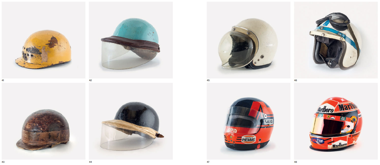 Clockwise from top left: José Froilán González's helmet; Alberto Ascari’s helmet; Phil Hill's helmet; John Surtees' helmet; Michael Schumacher's helmet; Gilles Villeneuve’s helmet; Mike Hawthorn's helmet; Juan Manuel Fangio's helmet. As reproduced in Ferrari Under the Skin