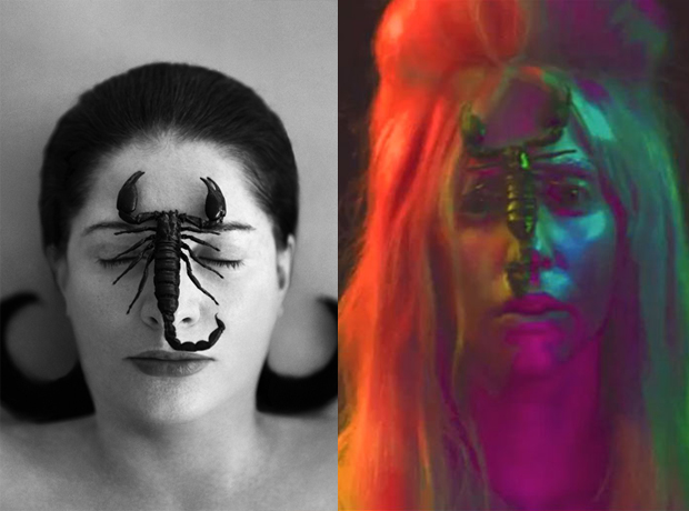 From left: Marina Abramović, Portrait with Scorpion (Closed Eyes) (2005) and Lady Gaga’s Venus artwork (2013) 