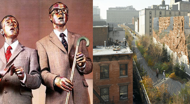 Gilbert and George, as signing sculptures (left) and El Anatsui's Broken Bridge II, (2012) beside the High Line