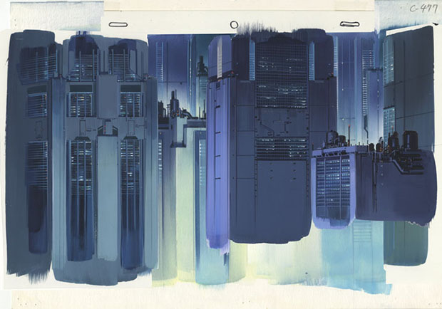Background for Ghost in the Shell (1995), cut 477 Gouache on paper and acrylic on transparent film, 270 × 390 mm Illustrator: Hiromasa Ogura © 1995 Shirow Masamune / KODANSHA · BANDAI VISUAL · MANGA ENTERTAINMENT Ltd. Image courtesy of the Museum for Architectural Drawing