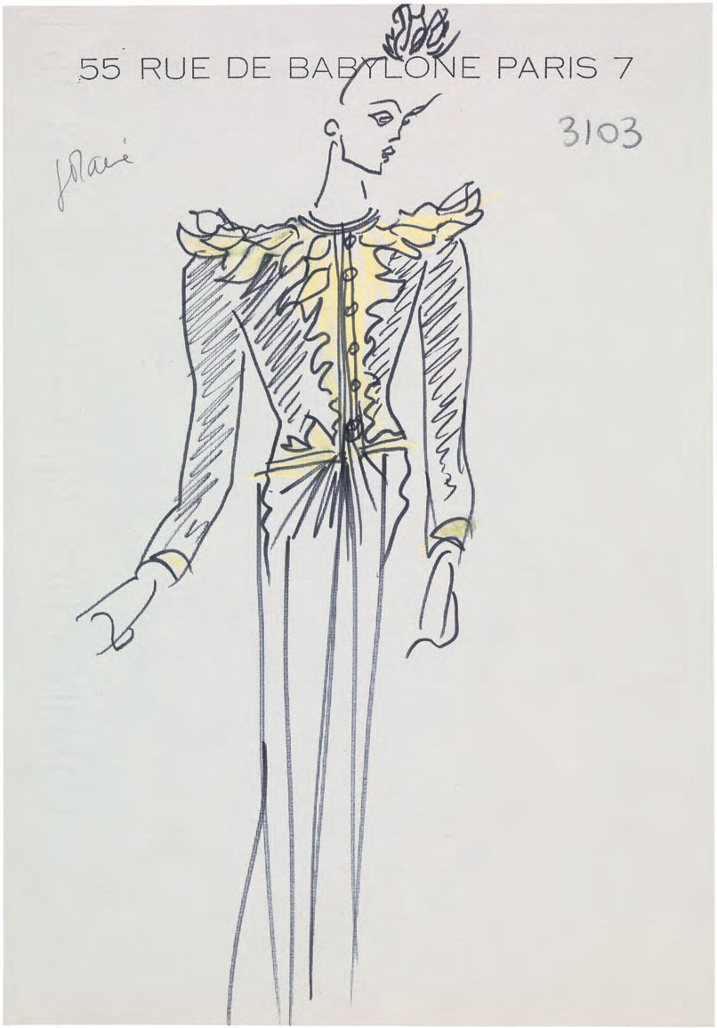 Original sketch for a long evening outfit with headdress of gold flowers and leaves