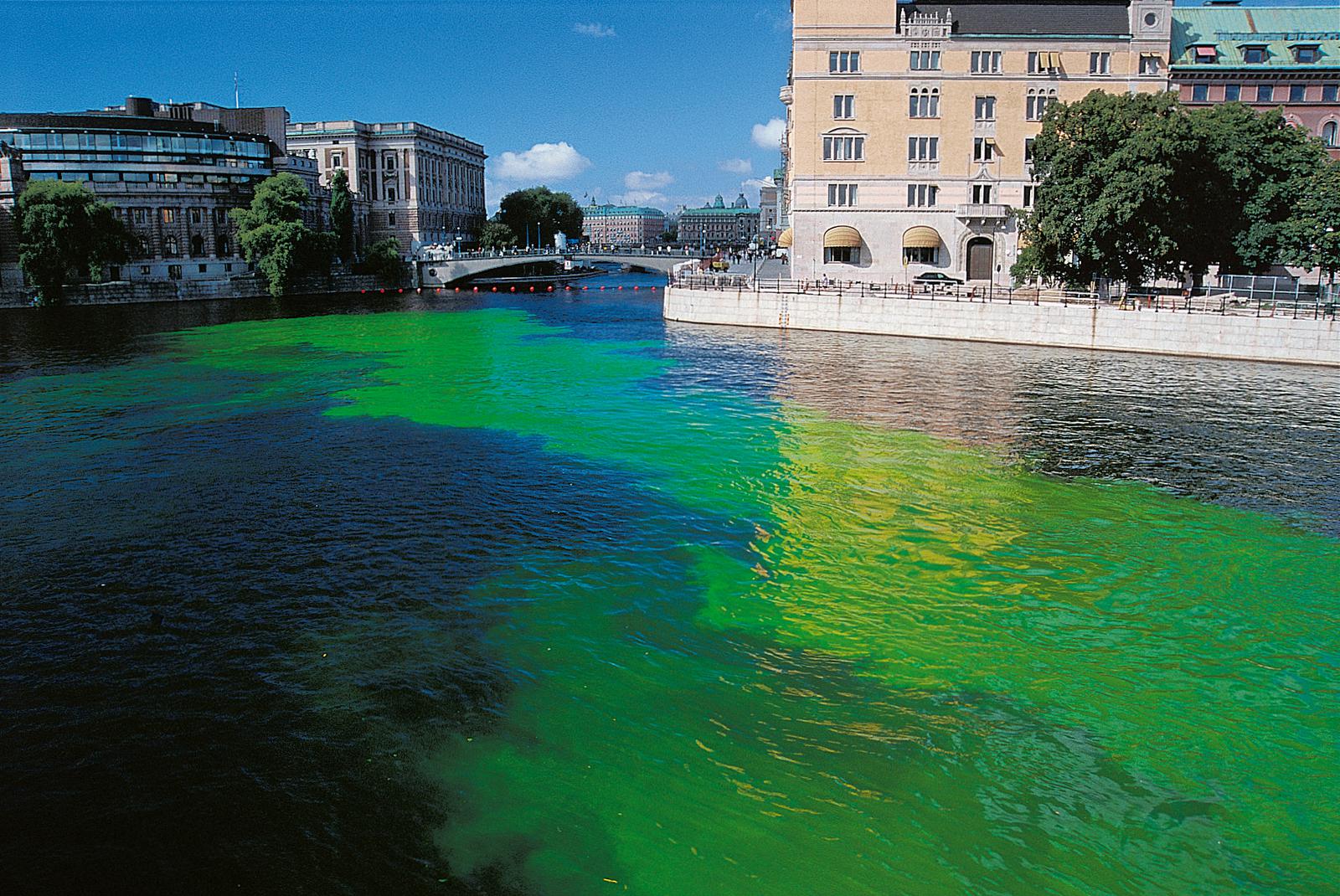 Green River Project, 2000, by Olafur Eliasson, uranine and water, dimensions variableStrömmen waterway, Stockholm. As reproduced in Chromaphilia