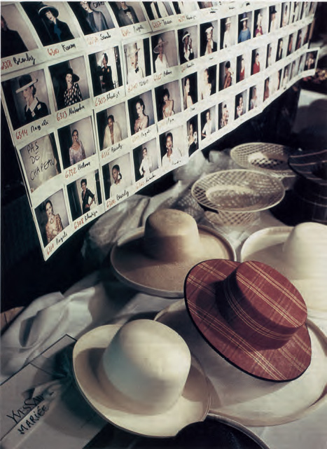 Series of Polaroid shots and ‘hat’ table, backstage at the Inter-Continental hotel, Spring/Summer 1994 haute couture collection, Marie-Claire (Singapore), May 1994 (photograph by Bertrand Marignac). As reproduced in Yves Saint Laurent Accessories