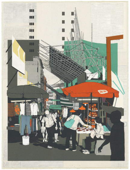 Evan Hecox, Street Market, 2018, gouache and acrylic on paper, as reproduced in Chicken and Charcoal