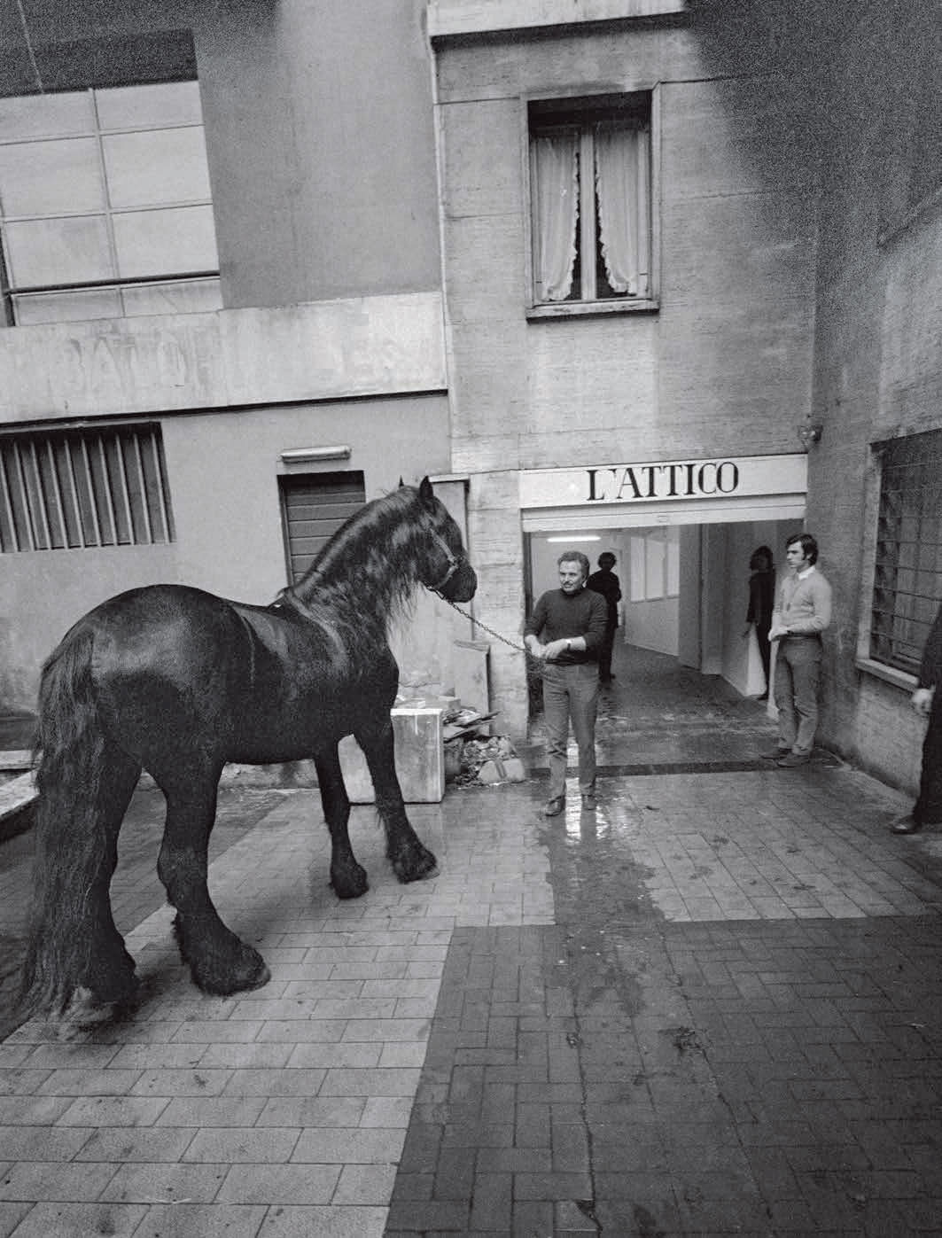 Gallery assistants at work on Untitled (Cavalli), Galleria L’Attico, Roma, 1969