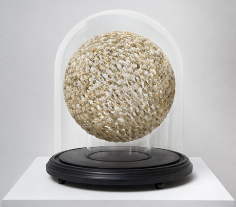 Alistair Mackie, Untitled (sphere) (2000-9) mouse skulls, glass, wood 26cm x 26cm x 26cm