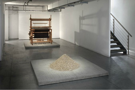 Alistair Mackie, Untitled (/-) (2009), mouse skeletons, mouse fur, loom, concrete