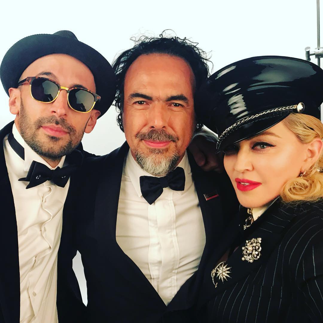 JR, director Alejandro González Iñárritu and Madonna at Madonna's Oscars 2018 party. All images courtesy of JR's Instagram 