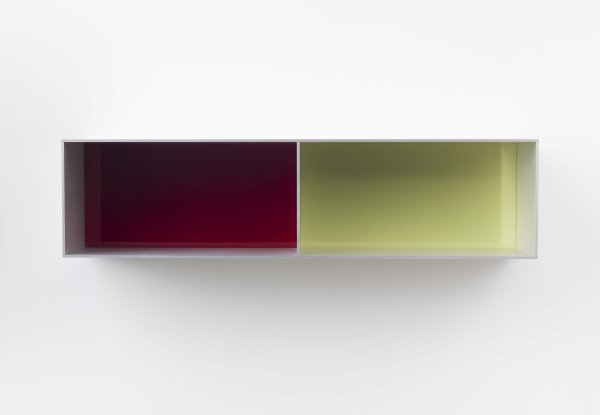 Donald Judd - Untitled (Menziken 88-84), 1988. Anodized aluminum clear with red and chartreuse Plexiglas. 9 3/4 x 39 3/8 x 9 3/4 inches (25 x 100 x 25 cm). Art © Judd Foundation.