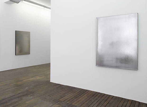 Installation image of Jacob Kassay's 2010 silver paintings, acrylic and silver deposit on canvas. Image courtesy of the ICA