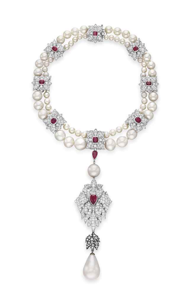 La Peregrina, 1972, natural pearl, diamond and ruby necklace, 78 cm (30½ in) necklace and drop SALE: 13 December 2011, New York; ESTIMATE: $2m–3m/£1.3m–1.9m; SOLD $11,842,500/£7,626,570. From Going Once: 250 Years of Culture, Taste and Collecting at Christie’s