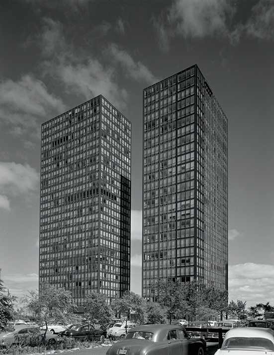 860–880 Lake Shore Drive Apartment Buildings, Chicago, 1948–51, by Mies van der Rohe